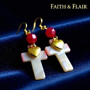 Easter Cross Earrings • Mother of Pearl + Pink Agate • Joyful Lightweight Dangle